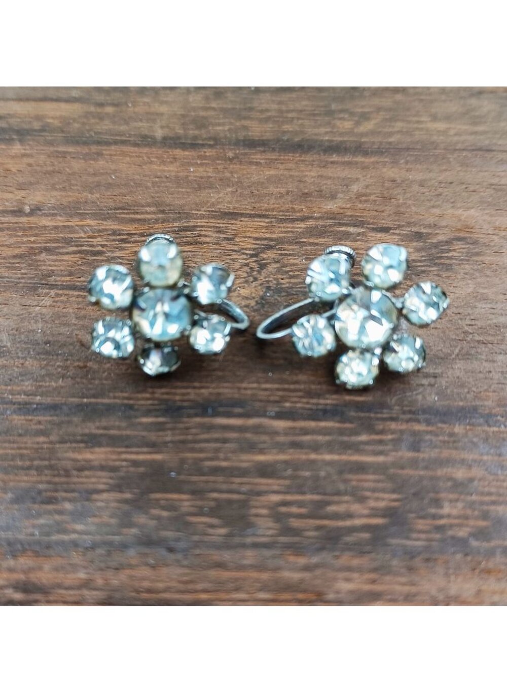 Vintage Sterling Silver Screw Back Errings Prong Set Rhinestone Flower Cluster